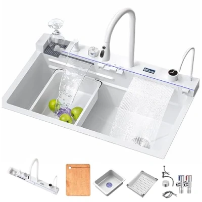 Immagine di TULAZOU lavello da cucina, in acciaio inox T304, cucina multifunzionale, lavandino a cascata, incasso con rubinetto digitale multifunzionale e vari accessori (68 x 45