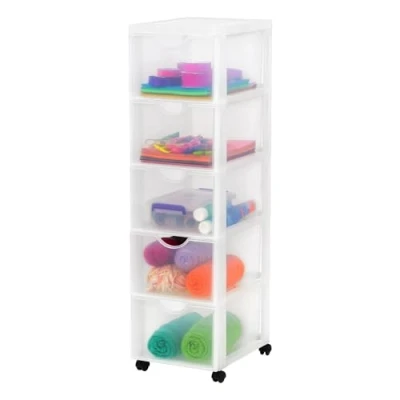 Immagine di Iris Ohyama Cassettiera in Plastica con ruote, 5 Cassetti Grandi, Biancastro, Maniglie facili Da tirare, Organizzatore, Per Camera Letto, Bagno, Scuola e Ufficio, Senza BPA, Contenitore, DDDC 305