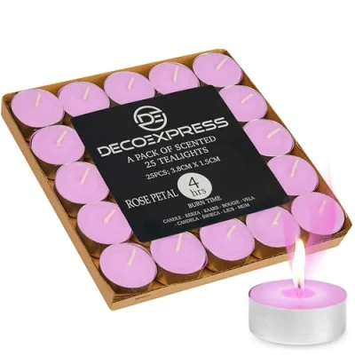 Immagine di DECO EXPRESS Candele Tealight 24, 25, 50, 100, 200 Pezzi, Lunga Durata 4/8/10 Ore Vari Colori (Petalo di rosa 25/4 ore)