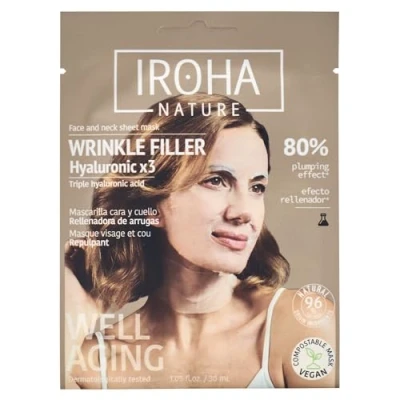 Immagine di IROHA NATURE Maschera Viso in Tessuto Rimpolpante &amp; Anti Aging con Triplo Acido Ialuronico Idratazione Profonda ed Effetto età Pelle Più Morbida e Calma 100% Vegana