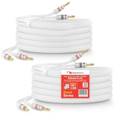 Immagine di Nakamichi Excel Series Connettore Banana Placcato in Oro 24k con Cavo degli Altoparlanti Rame Senza Ossigeno al 99.9% (OFC) Intrecciato Certificato CL2 Bianco (12AWG / 15ft 4,5m) 2 Pacchi