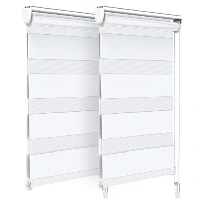 Immagine di VOUNOT Set di 2 Tenda a Rullo Doppia Strato Oscurante Giorno e Notte, Catenella Laterale, Bande Trasparenti Opache, Interno Zebra Blinds Bianco, 45 x 150 cm