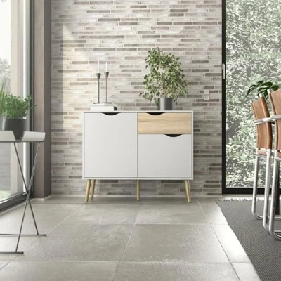 Immagine di Dmora Credenza a Due Ante e Un cassetto, Colore Bianco Rovere, cm 98 x 81 39