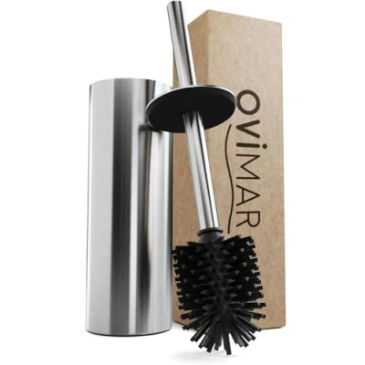 Immagine di ovimar scopino Laeso in silicone argento acciaio inox con coperchio l a piantana per bagno e toilette ospiti testina sostituibile design elegante