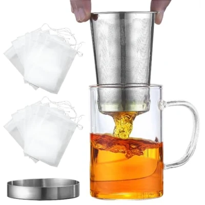 Immagine di ADERTOS Tazza con Infusore, da Te Coperchio, Filtro 100 Bustine Tè, Tazze in Vetro e Acciaio Inossidabile, Moderne Adatto per Ufficio, Casa