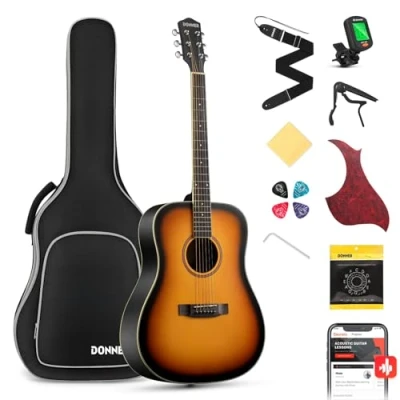 Immagine di Donner Chitarra Acustica Kit 41 Pollice Folk 4/4 Dreadnought Set per Adulto Principiante Studente con Custodia Corde Plettri Capotasto Cinghia Sunburst