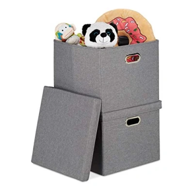Immagine di Relaxdays Scatole Portaoggetti con Coperchio, Set Doppio, Cestini Pieghevoli da 51 L l’uno, Box 34x43x43 cm, Grigio, poliestere, cartone, metallo, 2 pz