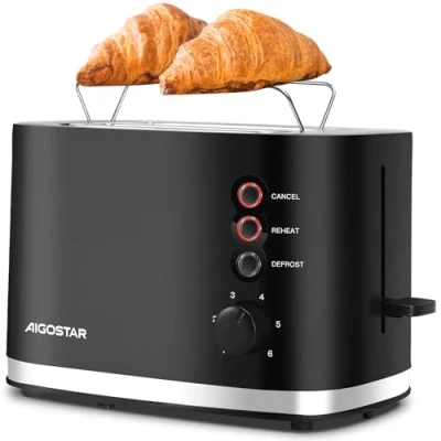 Immagine di Aigostar Energy Tostapane 2 Fette, Riscaldatore Integrato, Fessure Extra Larghe e Centratura Automatica, 6 Impostazioni di Tostatura, 3 Funzioni, Vassoio Raccogli Briciole Rimovibile, Nero