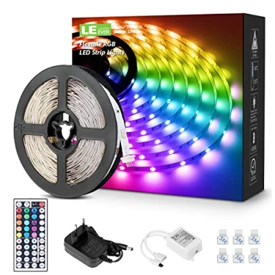 Immagine di LE Striscia LED 5m, Strisce RGB SMD 5050 20 Colori 6 Modalità Dimmerabili, Controller e 44 Tasti Telecomando IR Inclusi, 12V 1.5A, Luminosa Multicolore per Decorazioni Casa, Bar, Festa