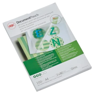 Immagine di GBC Pouch Confezione da 100 Buste per Plastificazione a Caldo, con Finitura Lucida, in Formato A4, Spessore di 2 x 80 Micron, 216 303 mm, IB585036