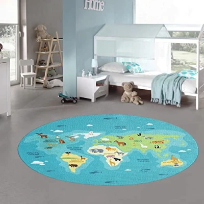 Immagine di Teppich Traum Tappeto Cameretta Bambini Mappa Mondo Gioco Apprendimento Continenti e Mari blu, 200 cm rotondo
