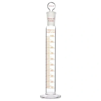 Immagine di stonylab Cilindro Graduato da Laboratorio con Tappo, 100 ml in Vetro di Borosilicato a Parete Spessa, Connettore Standard 24/40 e Tappo Testa Piana, 1 Confezione