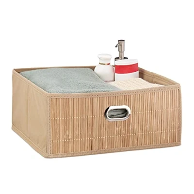 Immagine di Relaxdays Aufbewahrungskorb Bambus Flach Contenitore Portaoggetti in bambù, Scatola da Bagno Quadrata, Misure HLP 14 x 31 cm, Pieghevole, Naturale, 50% Tessuto Non 30% Cartone 20%, 1 pz
