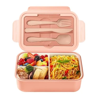 Immagine di Diboniur Porta Pranzo, Lunch Box con Posate, 1400ml Schiscetta Pranzo Bento 3 Scomparti Contenitore Ufficio Microonde (Rosa)