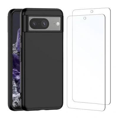 Immagine di NEW&#039;C Cover per Google Pixel 8 in Custodia Silicone Ultra Sottile Nero e 2 x Vetro temperato 8, Pellicola Protettiva Schermo