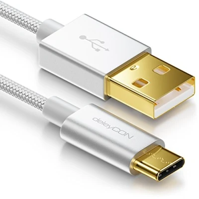 Immagine di deleyCON 2m Cavo USB C di Ricarica Dati Nylon + Spina in Metallo Da A Compatibile con Apple Samsung Google Huawei Xiaomi Tablet PC Laptop Argento