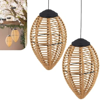 Immagine di Gadgy Lampade Solari in Rattan da Esterno Set di 2 Lanterne Sospese a LED Illuminazione Solare Decorativa per Giardino, Terrazza e Balcone Resistente alle Intemperie