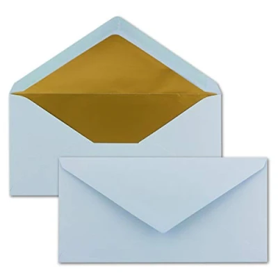 Immagine di 50x Buste formato lunghe Colore: blu chiaro con rivestimento interno metallizzato oro 110 x 220 mm Colla a umido festive per Natale