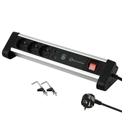 Immagine di Electraline 35442 Blocco multipresa Prese con 2 Porte 60 W (1 Tipo caricare Computer + 1 3.0A (QuickCharge), staffe per Il Fissaggio alla scrivania, Nero, 3 Prises USB Power Delivery 65W