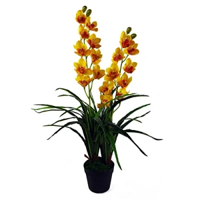 Immagine di Leaf Pianta artificiale di orchidea Cymbidium da 90 cm, vaso plastica nero extra large, giallo