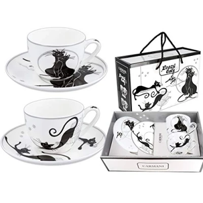 Immagine di Carmani Set di 2 tazze da tè e piattini con scritta&quot;Crazy Cats&quot;, 200 ml