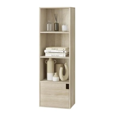 Immagine di eSituro Libreria Verticale con 3 Scomparti a Giorno e 1 Armadietto Scaffale Salvaspazio per Studio Ufficio in Truciolare MDF Legno Chiaro 34x24x106cm