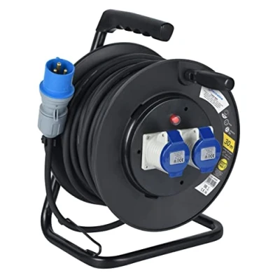 Immagine di Electraline 49050 Prolunga in Gomma con Avvolgicavo 30 m, 2 Prese Industriali IEC, Spina a 3 Poli CEE Adatto per Camper, Campeggio, Caravan, Barca, Can, Nero/Blu