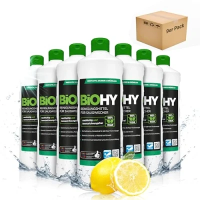 Immagine di BiOHY Detergente per scopa aspirante (9 bottiglie da 1l) Concentrato 1:200 aspiraliquidi ideale piastrelle, PVC, parquet e moquette ecologico (Saugwischer)