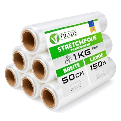 Immagine di V1 TRADE pellicola elastica trasparente 6 rotoli avvolgente estensibile a mano 150 metri di lunghezza e 50cm larghezza materiale da imballaggio per mobili