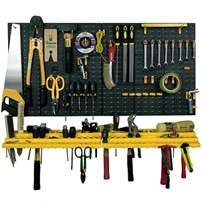 Immagine di Art Plast Kit due pannelli per attrezzi 50x50 cm completi di mensole e 50 ganci assortiti, in plastica, nero/arancione