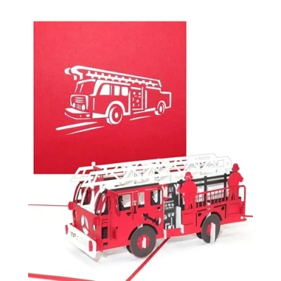 Immagine di biglietto pop up con pompieri di auguri 3D e cancellazione come idea regalo, buono, invito piccolo regalo per compleanno, anniversario inizio della scuola
