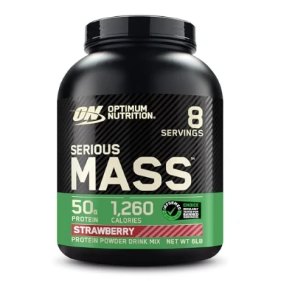 Immagine di Optimum Nutrition Serious Mass Proteine in Polvere ad Alto Contenuto Calorico per Aumentare il Peso, con 25 Vitamine e Minerali, Creatina Monoidrato Glutammina, Gusto Fragola, 8 Dosi, 2,73 kg