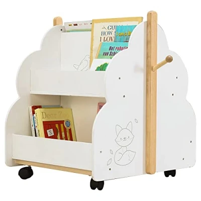 Immagine di labebe Scaffale Basso, Bianco di Legno con Piccolo Uccello per Bambini Oltre 1 Anno, 2 in Moderno Ruote Doppio Uso Come Carrello e Scatola Giocattolo,