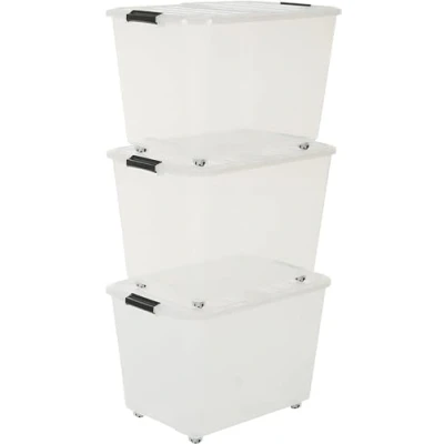 Immagine di Iris Ohyama, Scatola portaoggetti in plastica, per ufficio 60L, Lotto di 3, TBRH 60, Trasparente, Impilabile, Clip chiusura L39 x P57,5 A38 cm