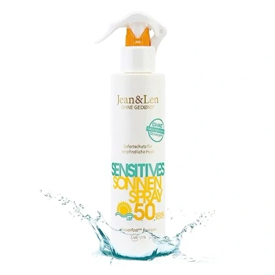 Immagine di Jean &amp; Len Sensitive Sun spray 50 SPF waterproof, adatto alle pelli sensibili, senza siliconi, octocrilene, profumi e microplastiche, vegan, flacone 250 ml