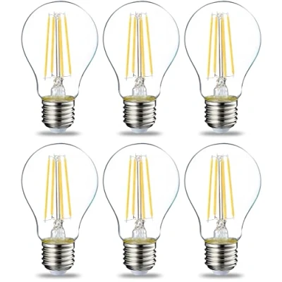 Immagine di Amazon Basics Confezione da 6 lampadine a LED, con attacco Edison E27, piccole, 7 W (equivalenti 60 W), filamento in vetro trasparente, non dimmerabili, Luce Bianca Calda
