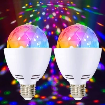 Immagine di 2 x lampada da festa LED E27 3W RGB palla discoteca lampadina rotante a 360, per portalampada E27, decorazione di matrimonio,