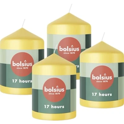 Immagine di Bolsius Candele a pilastro, colore giallo, confezione da 4, 8 x 6 cm, lunga durata di 17 ore, non profumate, include cera vegana naturale, senza olio palma