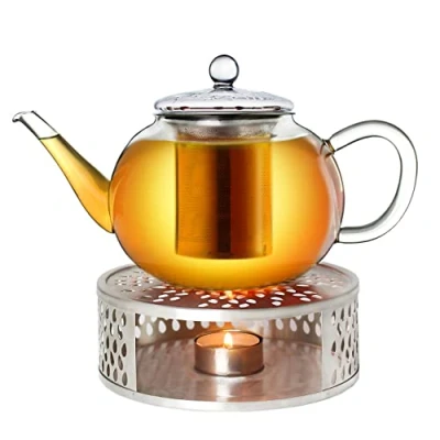 Immagine di Teiera in vetro + riscaldatore acciaio inossidabile, 3 pezzi, con colino integrato inossidabile e coperchio vetro, ideale per preparare tè sfusi, senza sgocciolare, 1600 ml 1,6 l