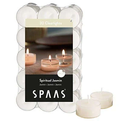 Immagine di Spaas 30 luci profumate, Candele in Tazza Trasparente, ± 4,5 Ore, Cera paraffinica, Bicchiere di plastica, Bianco, Spiritual Jasmine, 521 unità