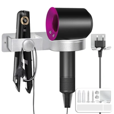 Immagine di Yichalodge Porta Phon da Muro e Piastra Adesivo Portaphone Bagno Alluminio Supporto Asciugacapelli (Argento)