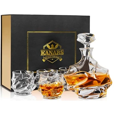 Immagine di KANARS Bicchiere e Bottiglie Whisky, Decanter da Whiskey Cristallo, 750 ml Bottiglia con 4x 320 Bicchieri per Cognac, Martini, Scotch, Bourbon, Cocktail, Bellissimo Regalo, Set di 5 Pezzi