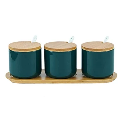 Immagine di OnePine 260ml Zuccheriera in Ceramica, Contenitore per spezie barattoli Rotonda con Coperchio e Cucchiaio, Design Elegante, Casa Cucina (Verde, Set Di 3)