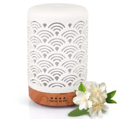 Immagine di Glovios Diffusore di Oli Essenziali, 100 ml Ceramica Umidificatore Essenziali con 7 Colori LED, Aromi Ambiente, Timer, Elettrico per Casa Ufficio, Spegnimento Automatico