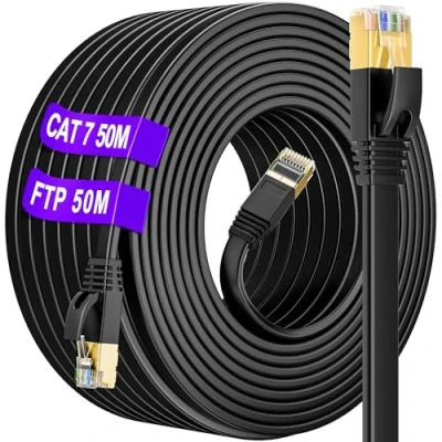 Immagine di Cavo Ethernet Cat 7 da 50m RJ45 Cavo, di Rete LAN S/FTP Schermato ad Alta Velocità per Connessione Internet Veloce 10Gbps 600MHz Patch 50 Metri Switch, Router, Modem (50 Clips)