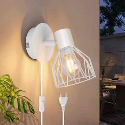 Immagine di Kimjo Applique da Parete Interno Camera Letto con Spina e Interruttore Lampada Bianco LED Cavo Faretti E14 Lampade Muro Senza Lampadina