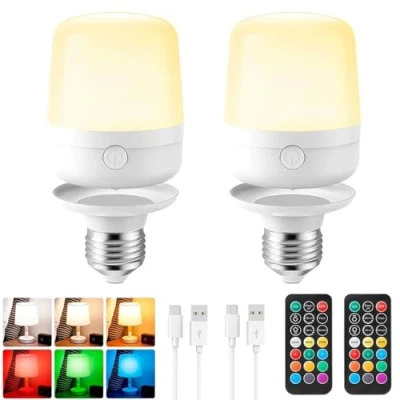 Immagine di E27 Lampadina Batteria Con Telecomando, Ricaricabile Magnetica USB Interruttore, LED Dimmerabile Senza Fili Per Lampade, RGB Colore, 400lm, Timer, 2600mah,2 PACK