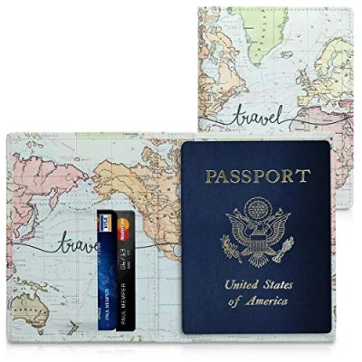 Immagine di kwmobile porta passaporto in pelle sintetica Scomparti carte foderina per similpelle Custodia documento nero/multicolore Mappa del mondo