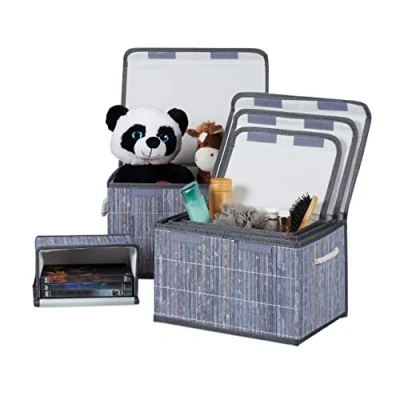 Immagine di Relaxdays 5 Ceste Set Portaoggetti, Coperchio &amp; Chiusura a Strappo, Contenitore in bambù, Box Salvaspazio, Grigio, 70% 20% Poliestere 10% Cartone