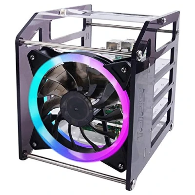 Immagine di GeeekPi Raspberry Pi Cluster Custodia, Rack Custodia Impilabile con Ventola 120mm RGB LED 5V per 4B / 3B + 2B B e Jetson Nano (4 strati)